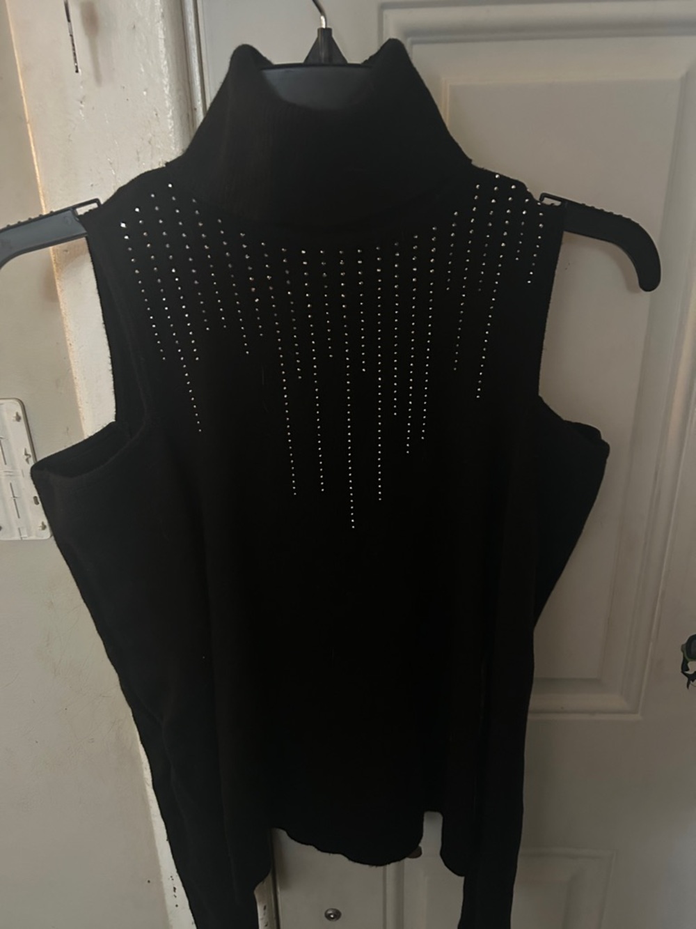 Black off the shoulder Turtleneck Top with Rhinestone Detail
